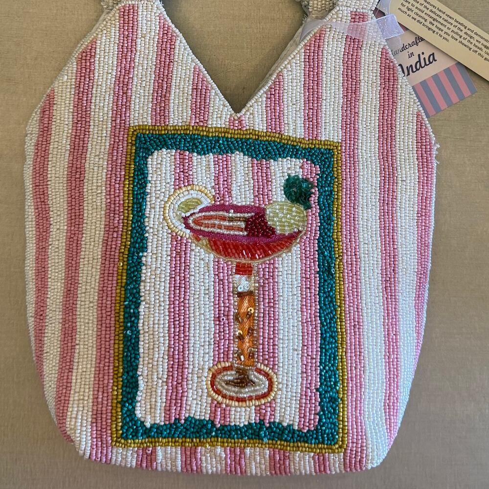 NWT Viral Handcrafted In India Beaded Pink White Striped Tote Cocktail Bag - Picture 2 of 11